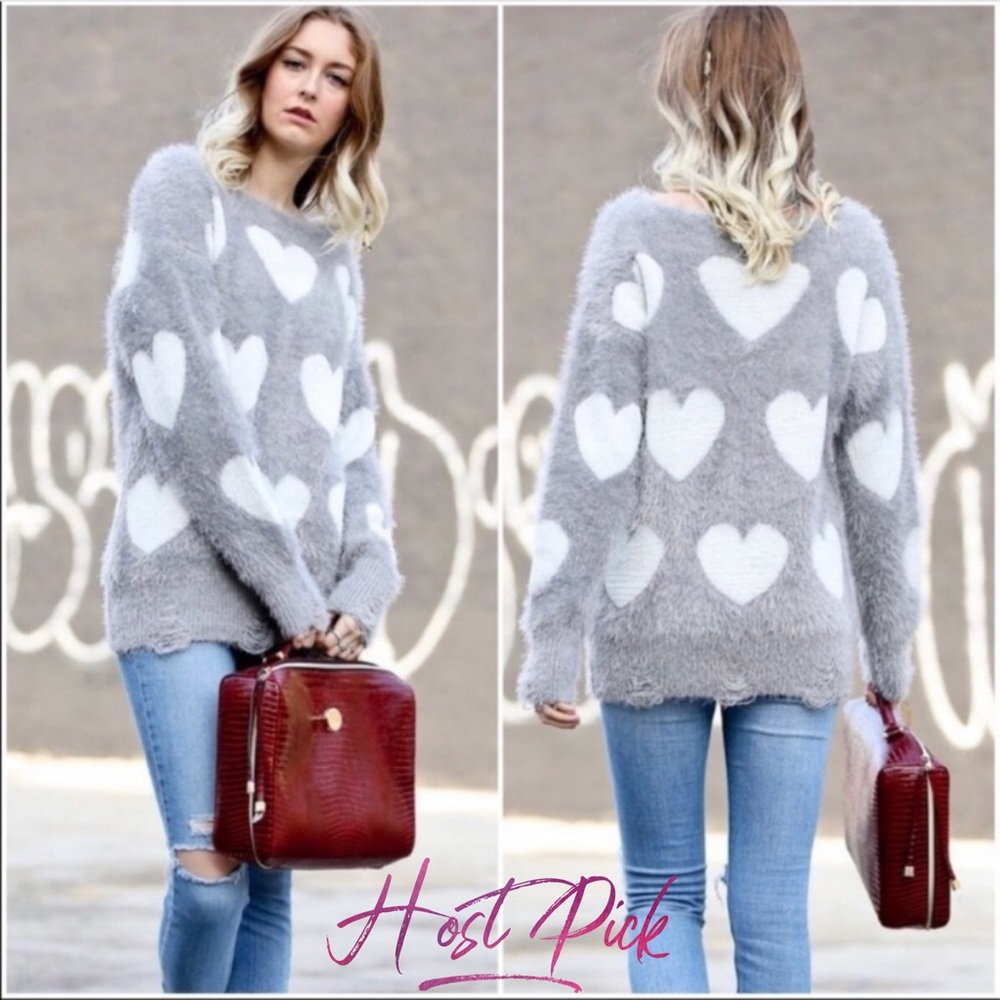 Gray white heart distressed hem fuzzy long sleeve sweater Medium M